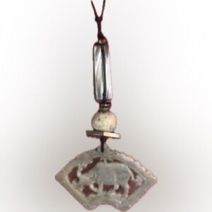 Artisan BOHO NECKLACE, carved stone water buffalo, shell, bead, leather cord.